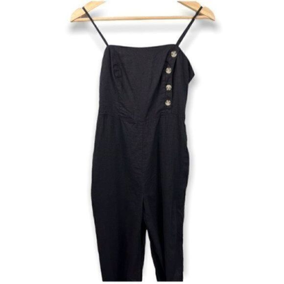 Urban Outfitters UO Straight-Neck Linen Button-Down Jumpsuit Black 0 ~ NWT - Picture 4 of 12